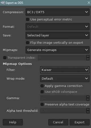 DXT5- setting for Normal maps and BMA.