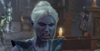 A picture on Minthara at Moonrise Towers, reacting with fear and anger at her death sentence issued by Kethric Thorm for her failure to retreive the Artefact.